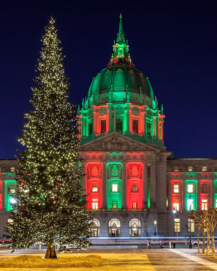 A Christmas tree in front of SF City Hall