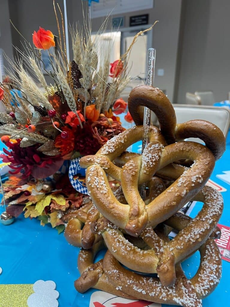 Table Centerpiece with giant, tasty, soft pretzels.