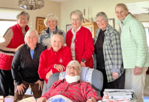 Donna Quartaro has done it again! For the fourth year she has created a special song for our Invitational. Committee members gathered around Donna to practice for the big reveal of Viva las Villages. Our illustrious songwriter is still home recovering from neck surgery but she was with us in spirit and song! Back row: Diana Pat, Barb, Kerry, Kathy. Front row: Lo, Mazie and Donna.