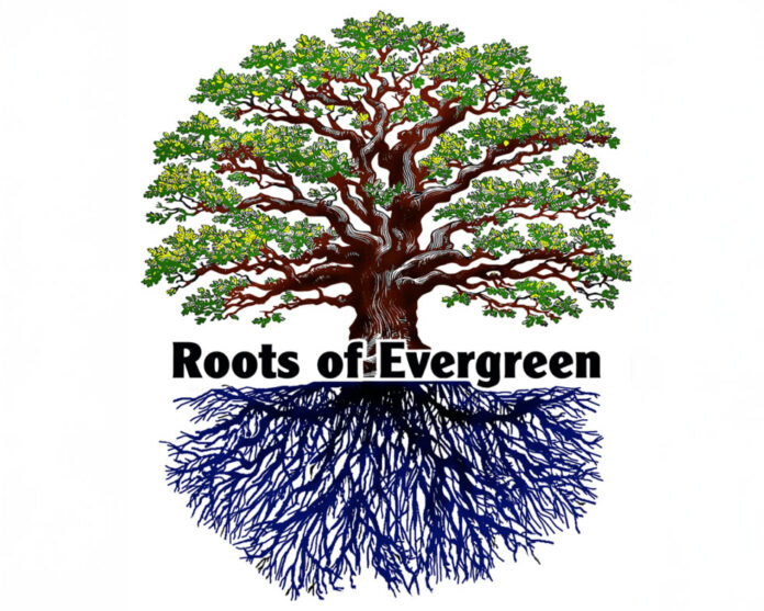 The Roots of Evergreen series image with a green leafy oak tree above dense roots