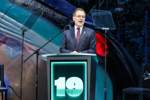 Dan Rusanowsky during the Joe Thornton Jersey Retirement Ceremony prior to the game between the Buffalo Sabres and San Jose Sharks on November 23, 2024 in San Jose, California